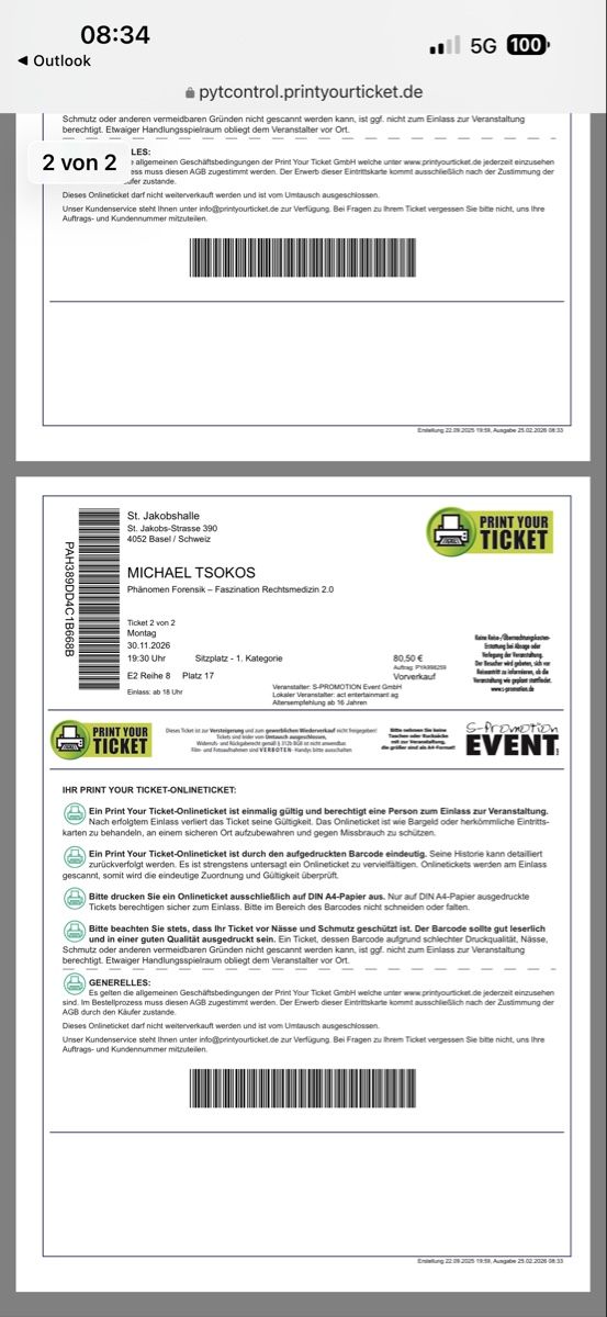 Biglietti: Tickets für Dr. Michael Tsokos – Nuovo e nell'imballaggio originale da Nunningen venduto da celia_18 1