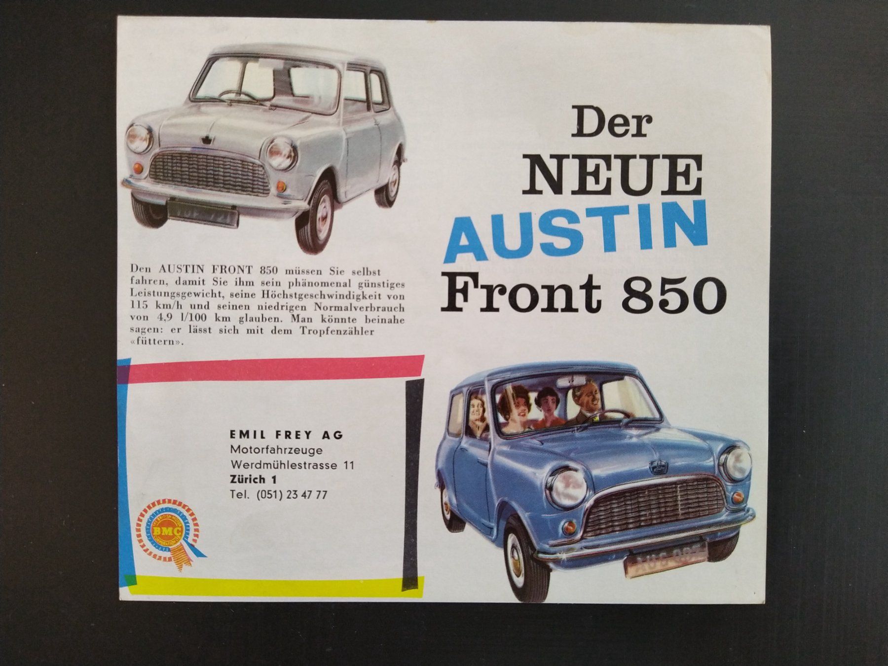 Mini Documenti: Original CH- Prospekt AUSTIN Mini 850 Front 1959 oder 1960 – Usato da Bern venduto da micky031