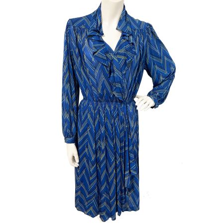Kleid Gr. M/L blau mit geometrischem Muster VINTAGE 1970s