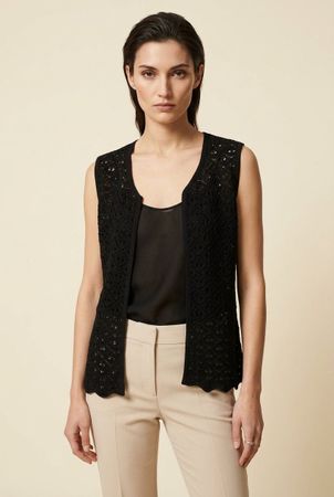 Gilet Crochet Noir Ouvert Sans Manches T. L