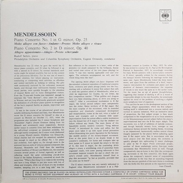 Dischi in vinile: Mendelssohn/Serkin/PO/CSO/Ormandy: Concerto No. 1 LP – Nuovo (secondo la descrizione) da Steinhausen venduto da Vilivinili 1