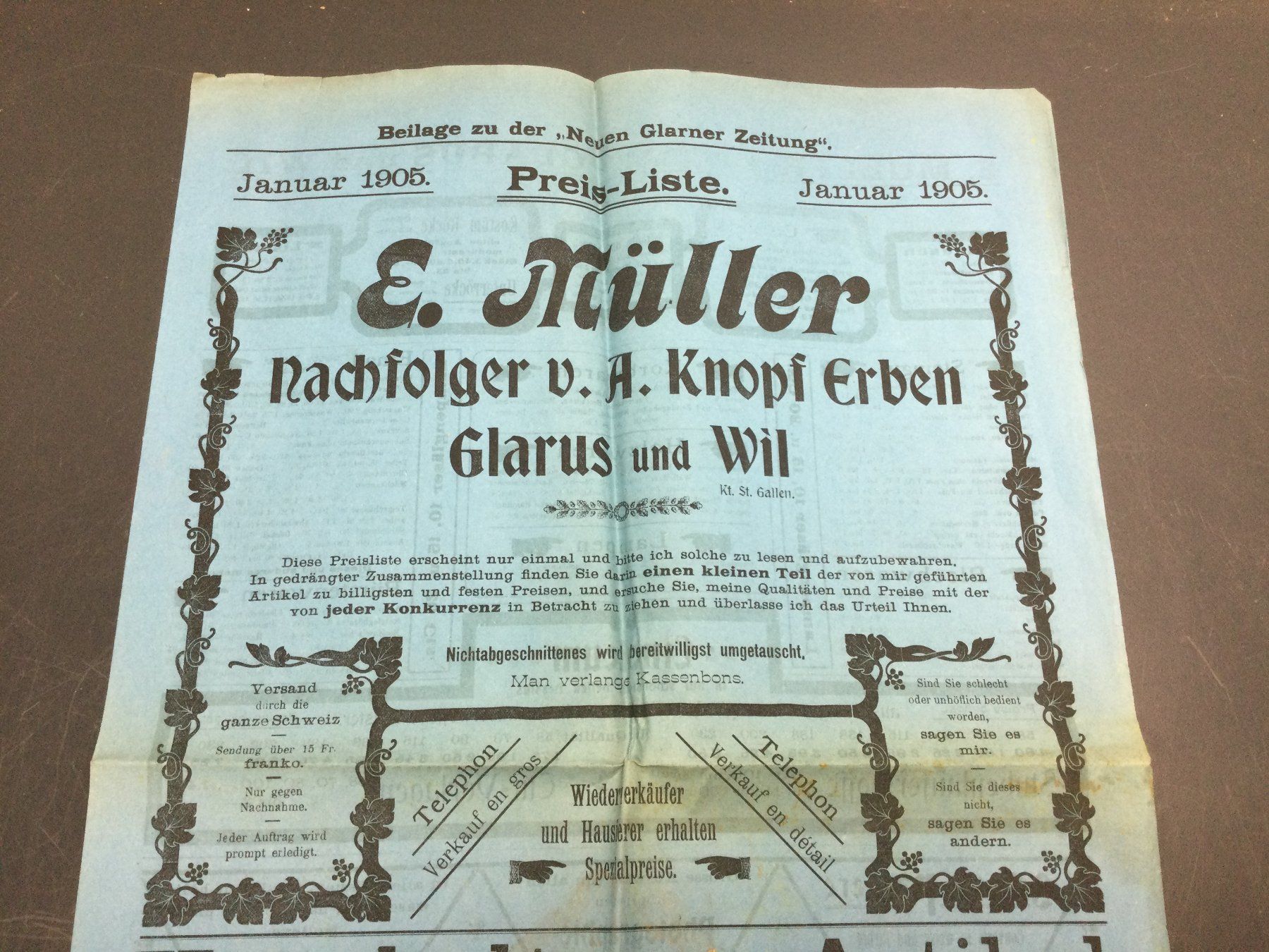 Attrezzi da lavoro: Antike Preisliste E. Müller Glarus und Wil 1905 – Usato da Wangen SZ venduto da kuriosum12