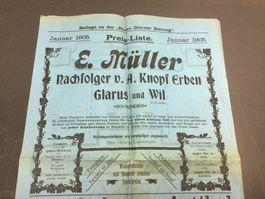 Antike Preisliste E. Müller Glarus und Wil 1905