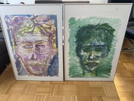 2 expressive Aquarelle – Porträts – gerahmt – je ca. 60 × 58
