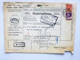Begleitadresse 1933, RIEHEN nach BRUXELLES, MiF