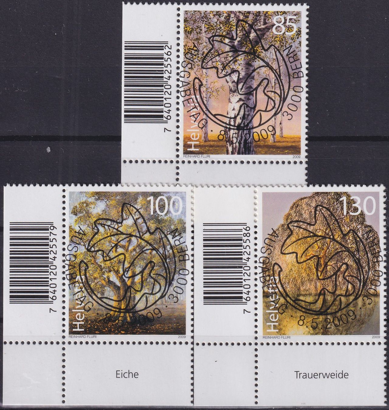 Tutti i francobolli: 2009, Nr.1308A-1310A "Bäume" mit ET-Voll-Stempel +ECKTABS – Usato da Sursee venduto da Luzernerraute