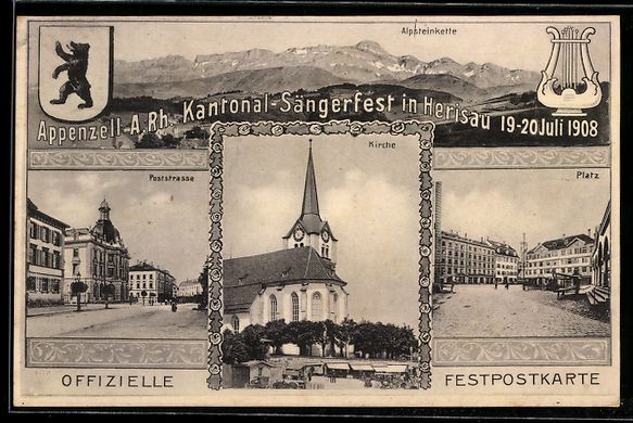 Cartoline postali: Herisau, Kantonal-Sängerfest 1908, Alps – Usato da Berlin venduto da bartko-reher