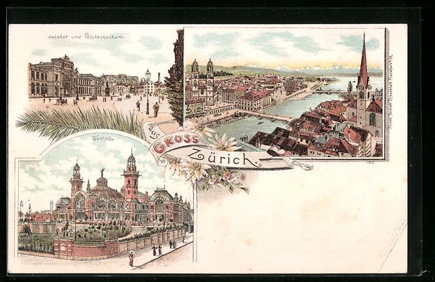 Cartoline postali: Litho Zürich, Bahnhof und Polytechnikum – Usato da Berlin venduto da bartko-reher