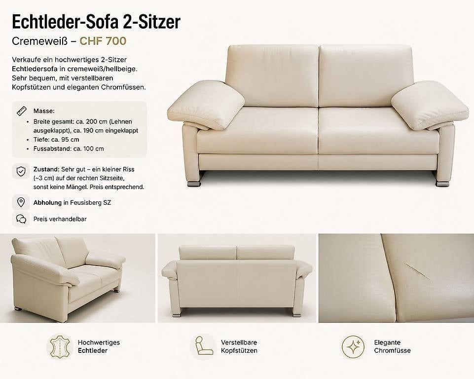 Divani: Hochwertiges Echtleder-Sofa 2-Sitzer cremeweiss – Usato da Feusisberg venduto da ale_7bs2