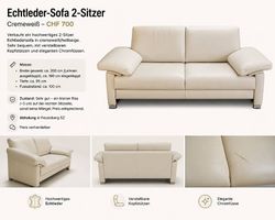 Hochwertiges Echtleder-Sofa 2-Sitzer cremeweiss