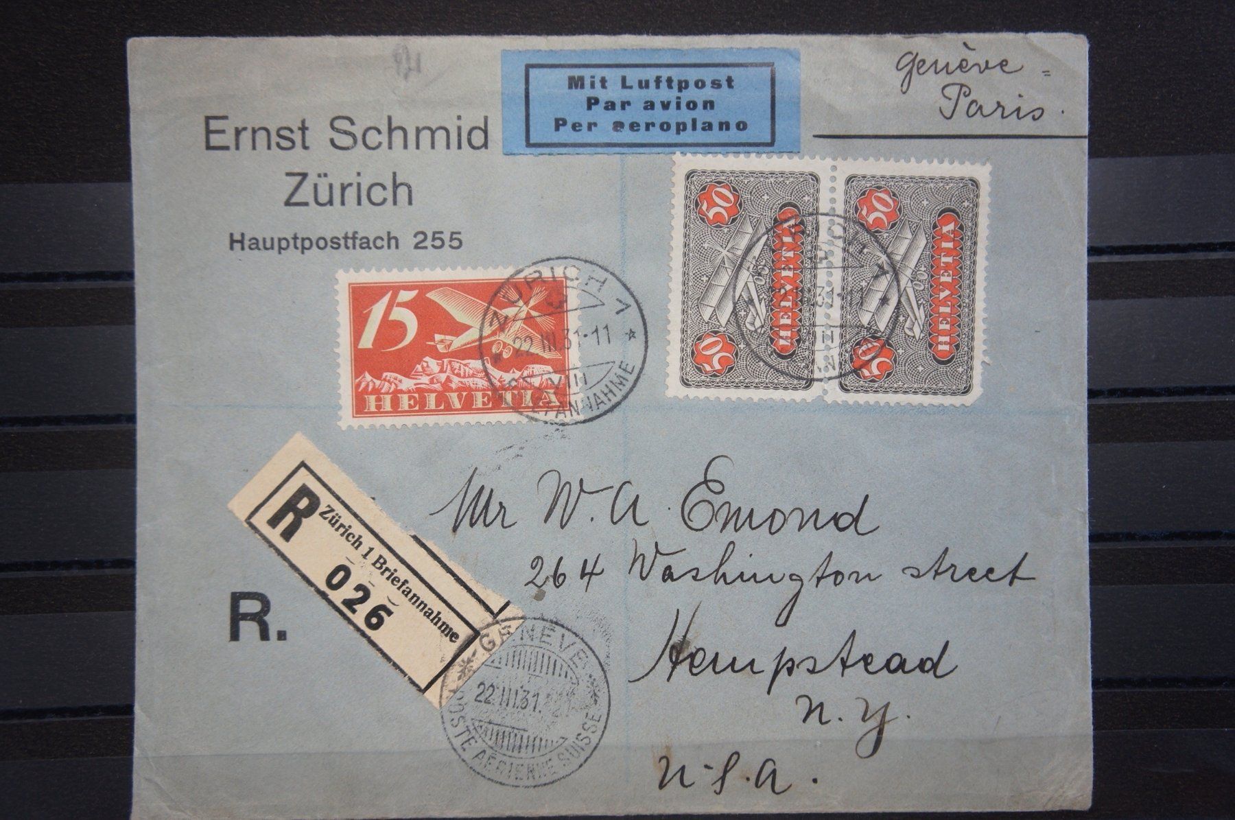 Tutti i francobolli: CH - Flugpost - Flugbrief nach Hempstead NY USA – Usato da Rombach venduto da VENTIS-Auktionen