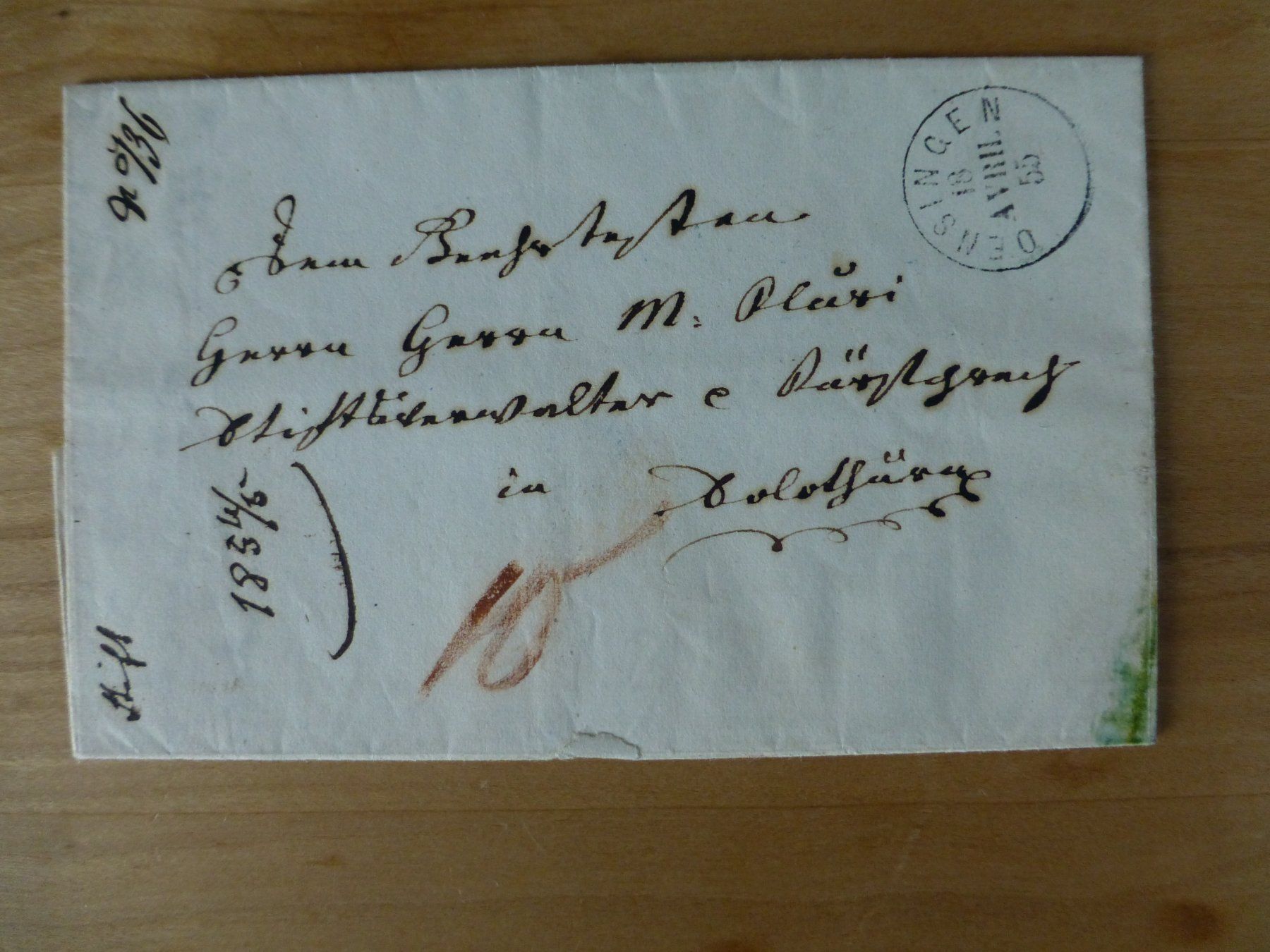 Documents: Oensingen 18. April 1855, Brief nach Solothurn – D'occasion à Bettlach par 1saurer