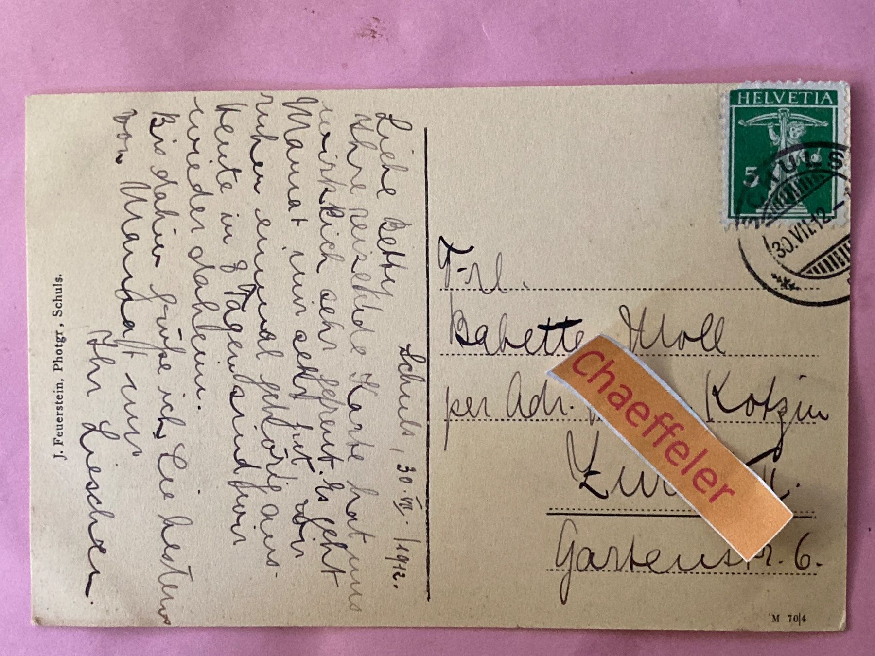 Ansichtskarten: 1912 Engadinerhaus, Schuls. – Gebraucht aus Zürich von Chaeffeler 1