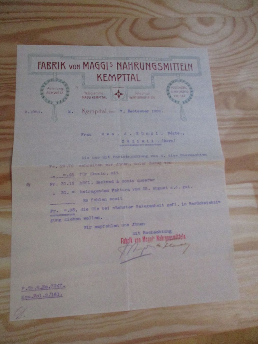 Documenti: Maggi Kempttal Rechnung 1908 2 Stk. – Usato da Felsberg venduto da sanwill