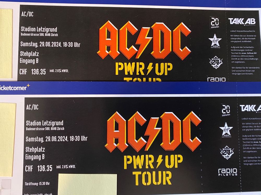 AC/DC PWR UP Tour Letzigrund Zürich / 2x Stehplatz Eingang B (Neu ...