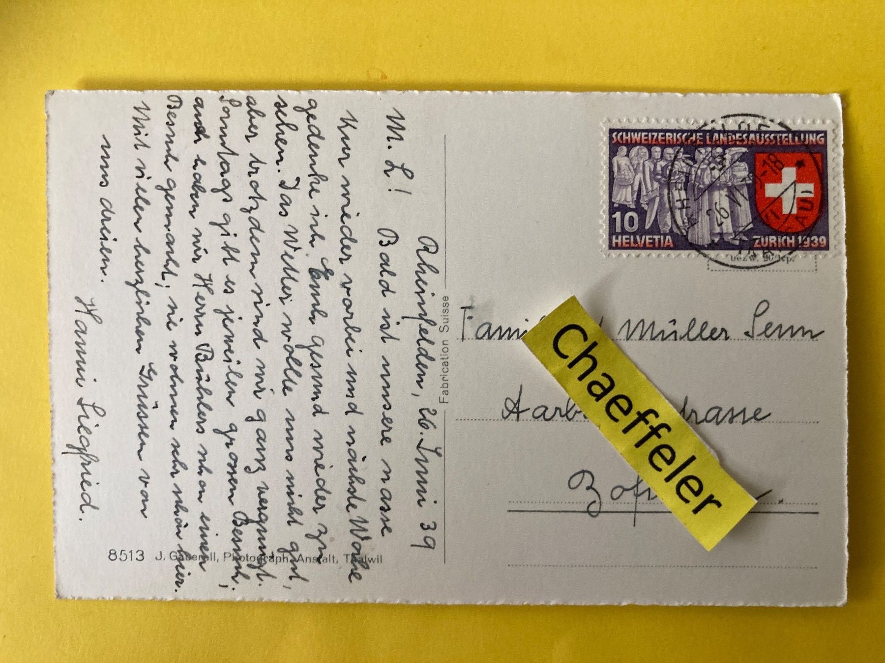 Ansichtskarten: 1939 Rheinfelden – Gebraucht aus Zürich von Chaeffeler 1