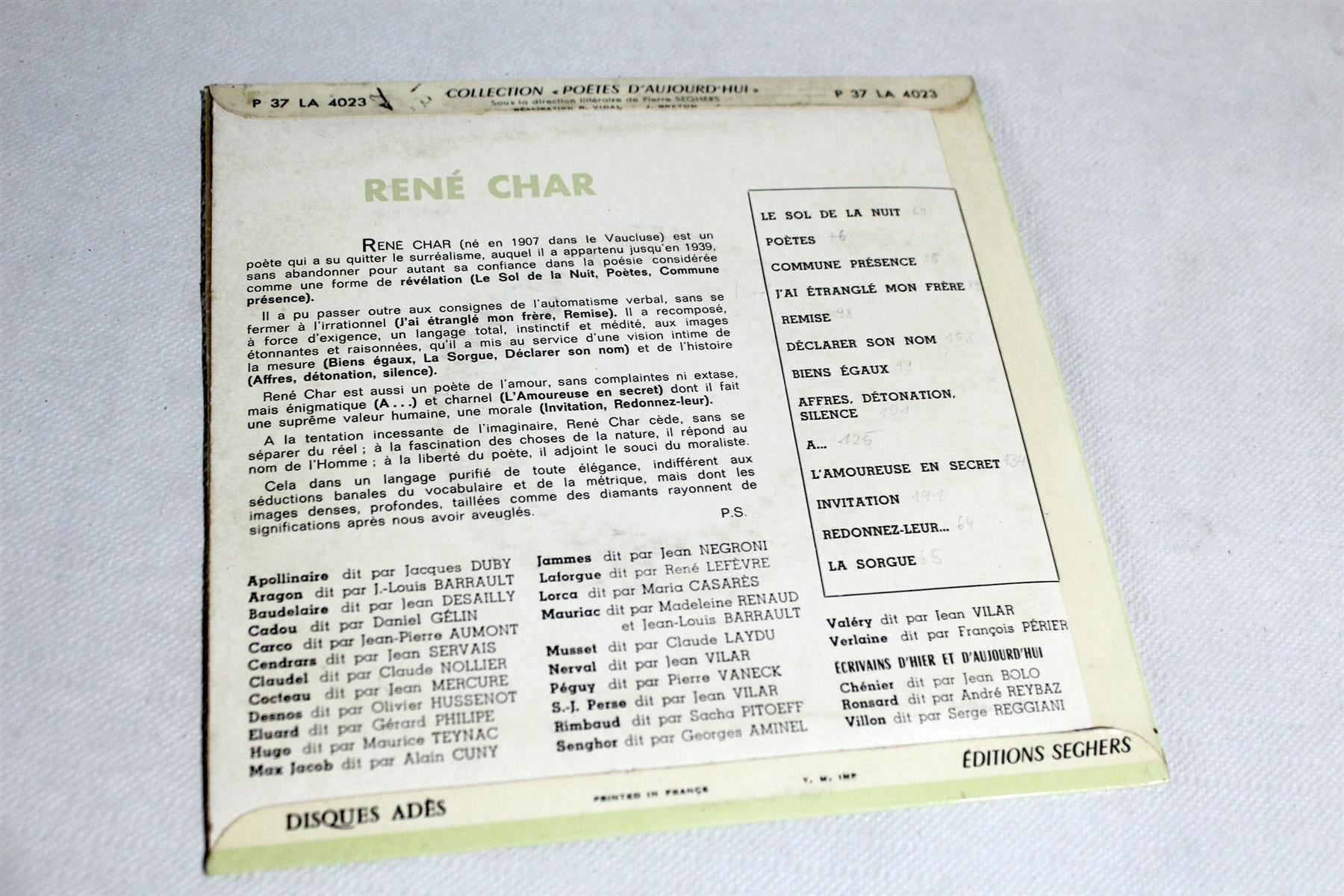 CD: RENE CHAR: Dit Par Laurent Terzieff – Usato da Bern venduto da vinyl-heaven 7