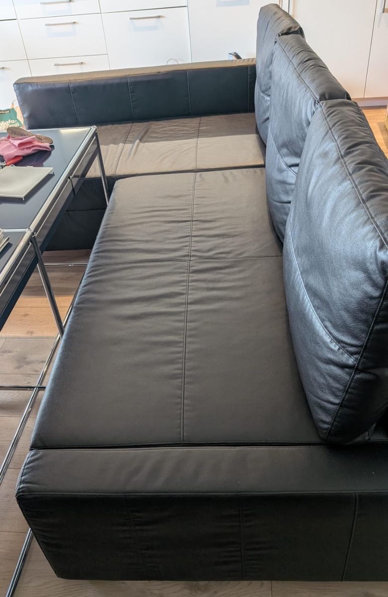 Sofas: Schwarzes Ledersofa mit Bettfunktion und Stauraum – Gebraucht aus Regensdorf von Jackone