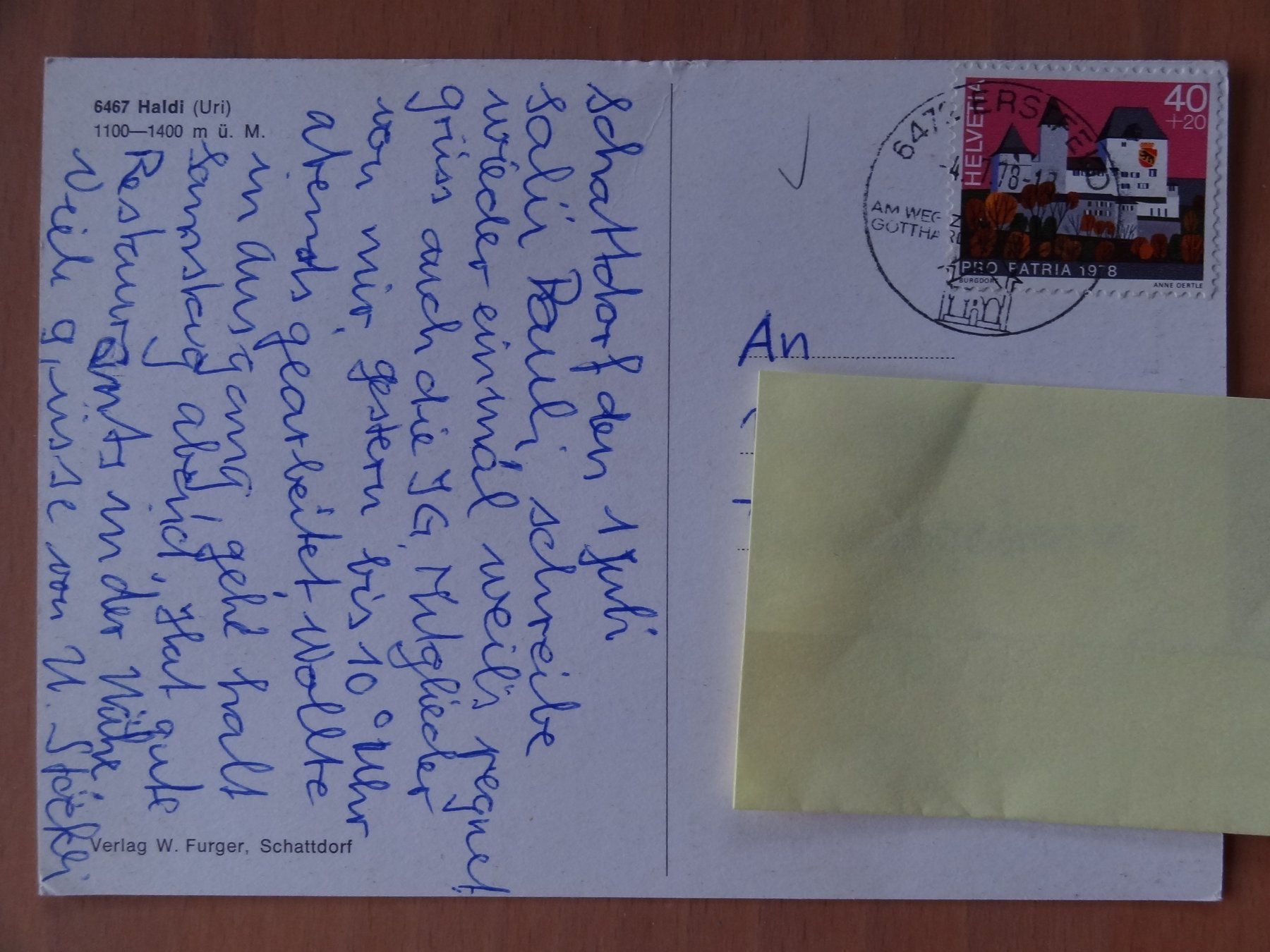 Cartoline postali: Haldi ob Schattdorf - Uri - 1978 – Usato da St Léonard venduto da Riglin 1