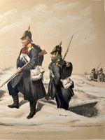 Antike Lithographie: Militärszene um 1840
