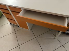 Desk with Drawers and Cabinet, White and Orange, Used