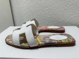 Hermes Oran Sandalen Mules Leder Stoff Weiss Muster Gr. 38
