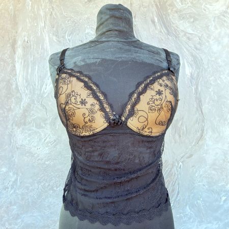 Caraco corset en dentelle noire transparente avec armatures