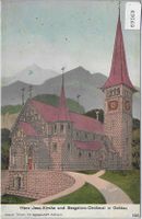 Herz Jesu-Kirche und Bergsturz-Denkmal in Goldau - Litho