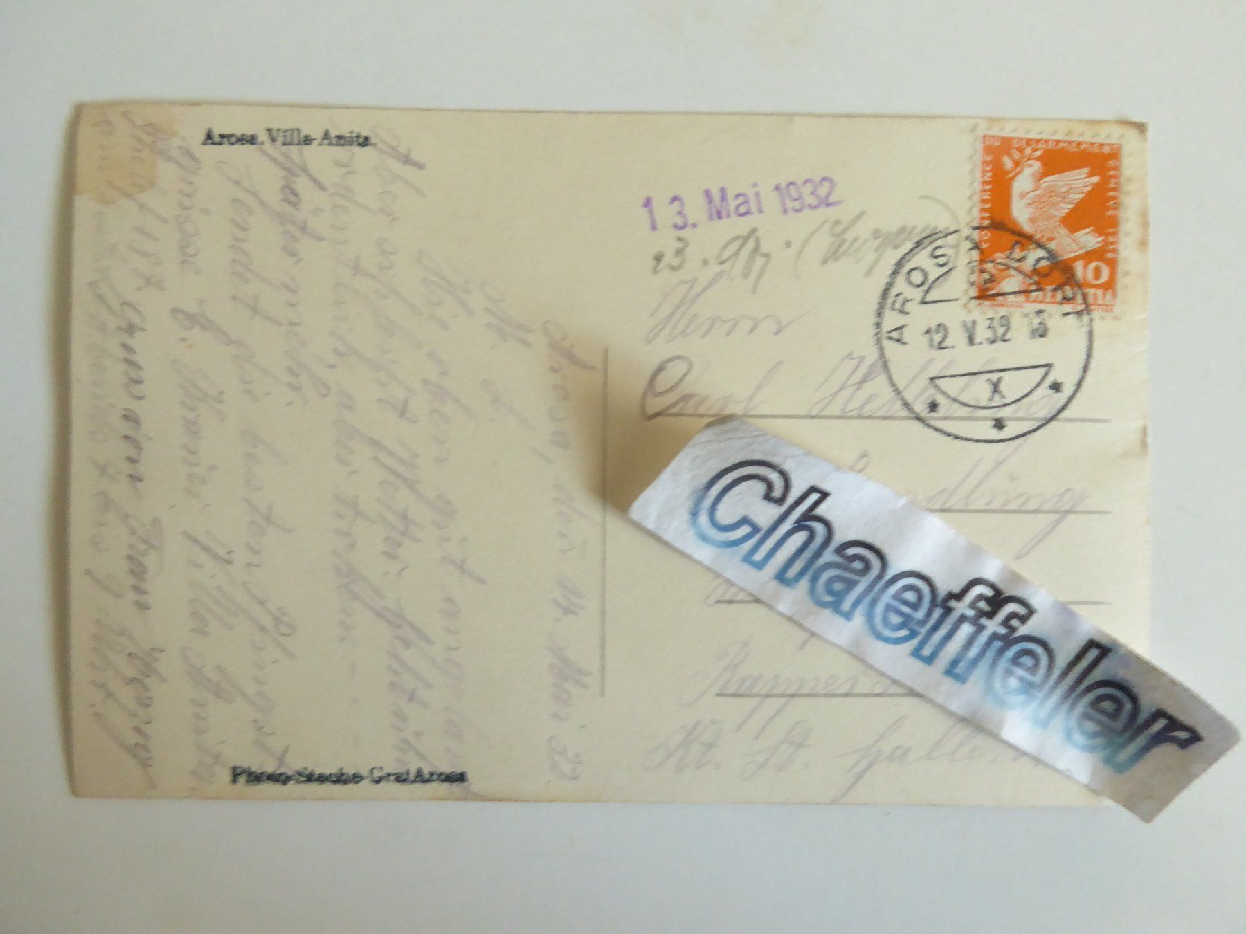 Cartoline postali: 1932  Arosa. Villa - Anita – Usato da Zürich venduto da Chaeffeler 1