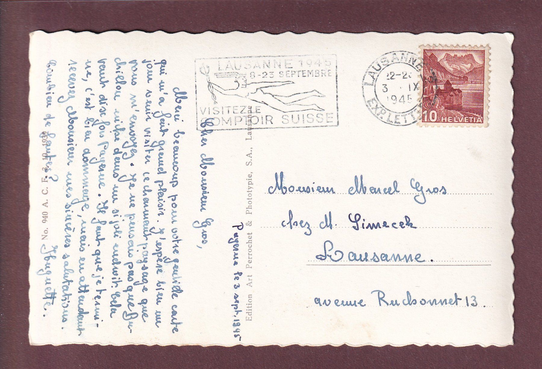 Cartoline postali: PAYERNE - 1945 – Usato da Pully venduto da nicecards 1