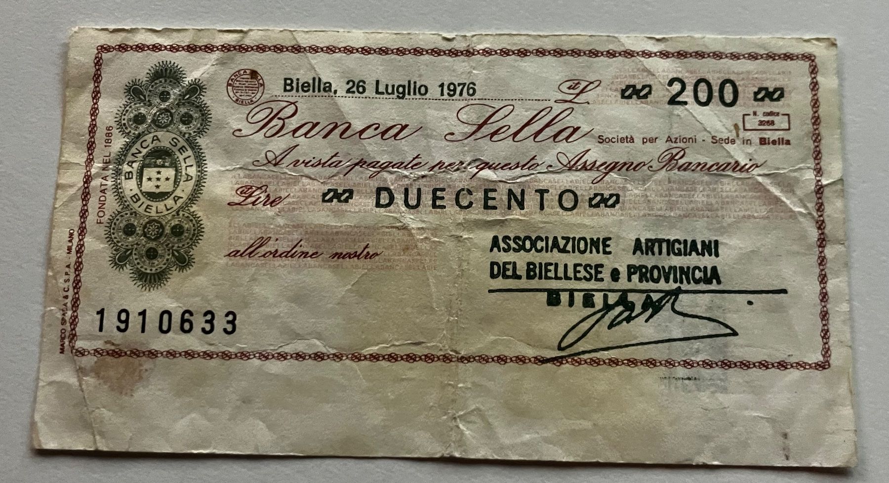 Banconote: Italien 200 Lire Scheck 1976 – Usato da Algetshausen venduto da Carrhard