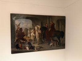 Ölgemälde Jagdszene mit Pferden und Falkner antik