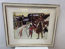 Lithographie von Alois Carigiet Die Bauernfamilie mit Rahmen