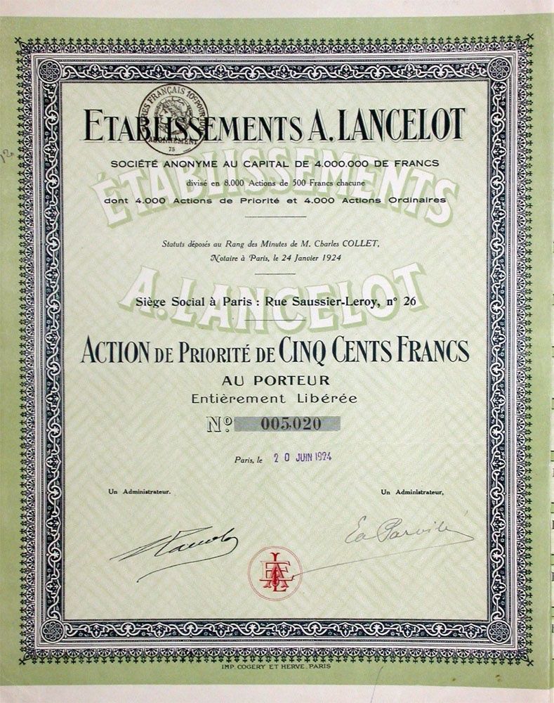 Documenti: Etablissements A. Lancelot SA, Paris - 1924 – Usato da Solothurn venduto da Sgasche