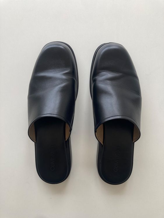 PRA SQUARE TOE MULES BLACK CALFSKIN WITH CHAIN