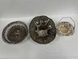 3 verschiedene Metall-Gefässe / 2 Schalen + 1 Korb-Schale