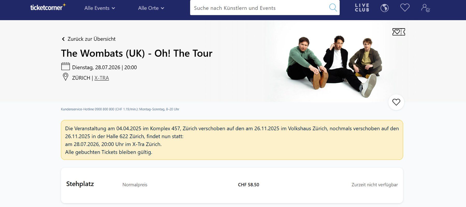 Biglietti: The Wombats Tickets 28.07.26 Xtra – Nuovo (secondo la descrizione) da Ottikon b.Kemptth. venduto da Takapuna 1