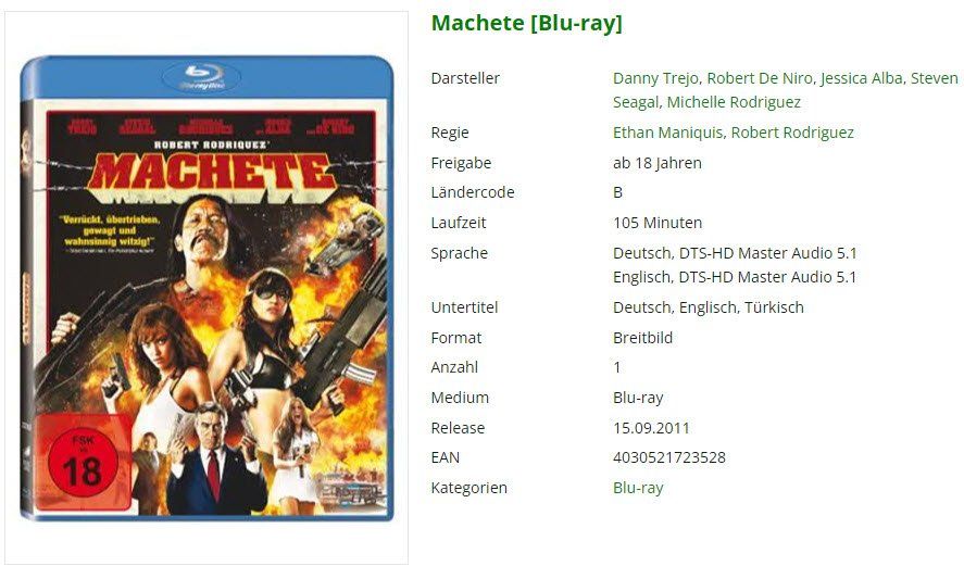 Tutti i DVDs: Machete (Bluray) – Usato da Emmetten venduto da SVollenweider