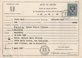 3 Fr. Fiskalmarke der Stadt NEUCHÂTEL auf Dokument