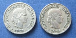 2x schöne 10 Rappen Münzen 1909 und 1915 Schweiz