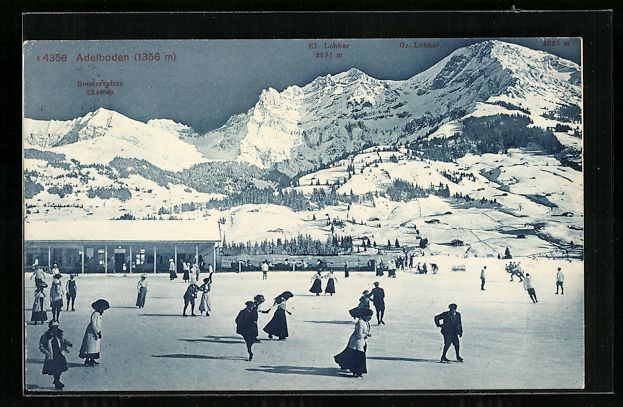 Cartoline postali: Adelboden, Eisbahn mit Blick zur Bonders – Usato da Berlin venduto da bartko-reher
