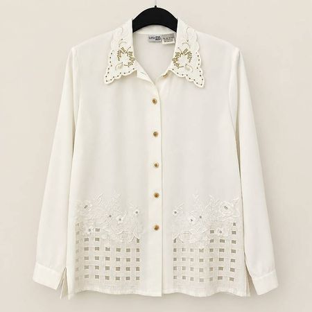Elegante Vintage Damenbluse mit Kragen  Creme/Weiß