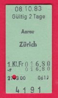 KARTON-BILLETT, AARAU - ZÜRICH, 1.KLASSE, EINFACH, 8.10.1983