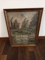 Ölgemälde Landschaft am Fluss – Vintage Gemälde mit Rahmen