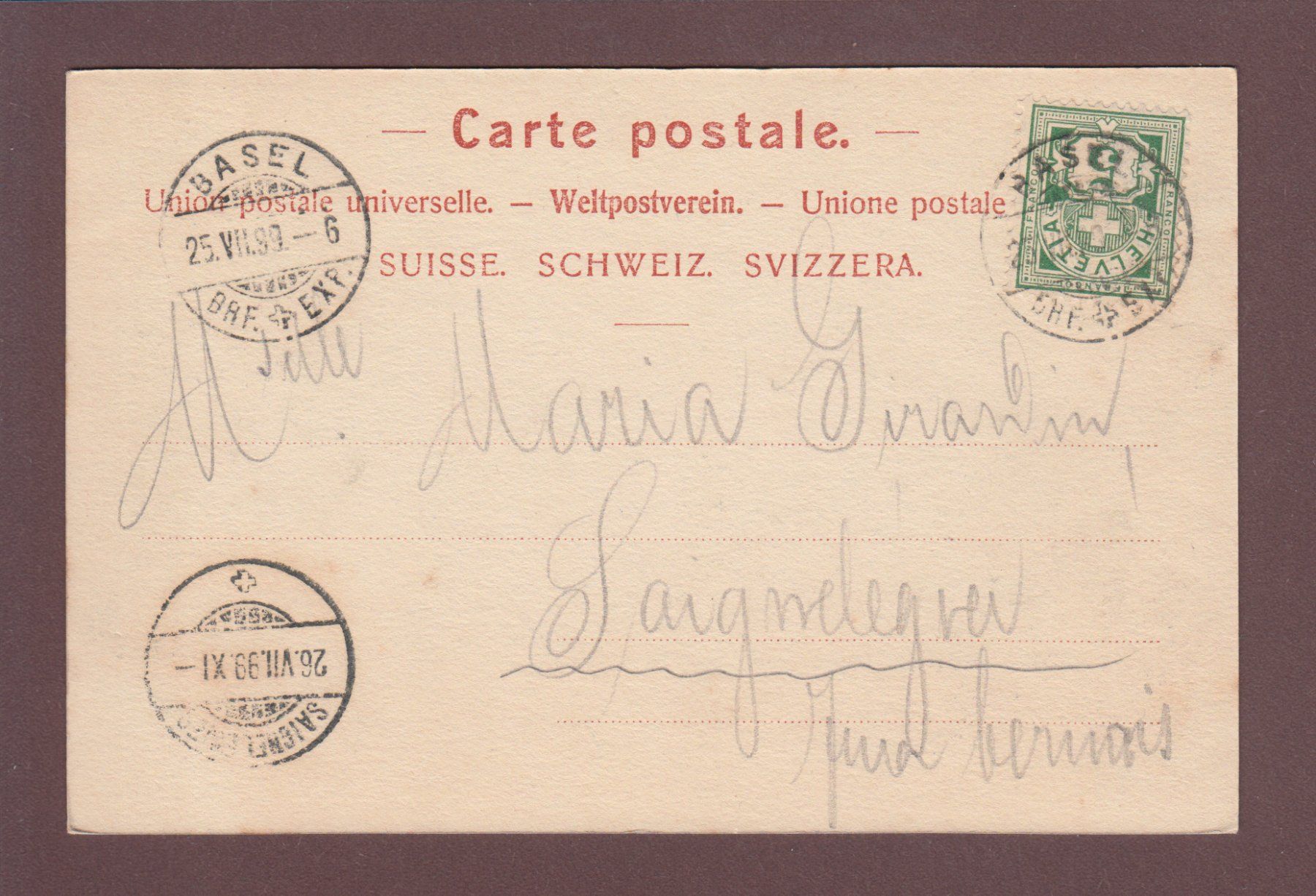 Cartoline postali: BASEL - St. Jakobsdenkmal - 1899 – Usato da Pully venduto da nicecards 1