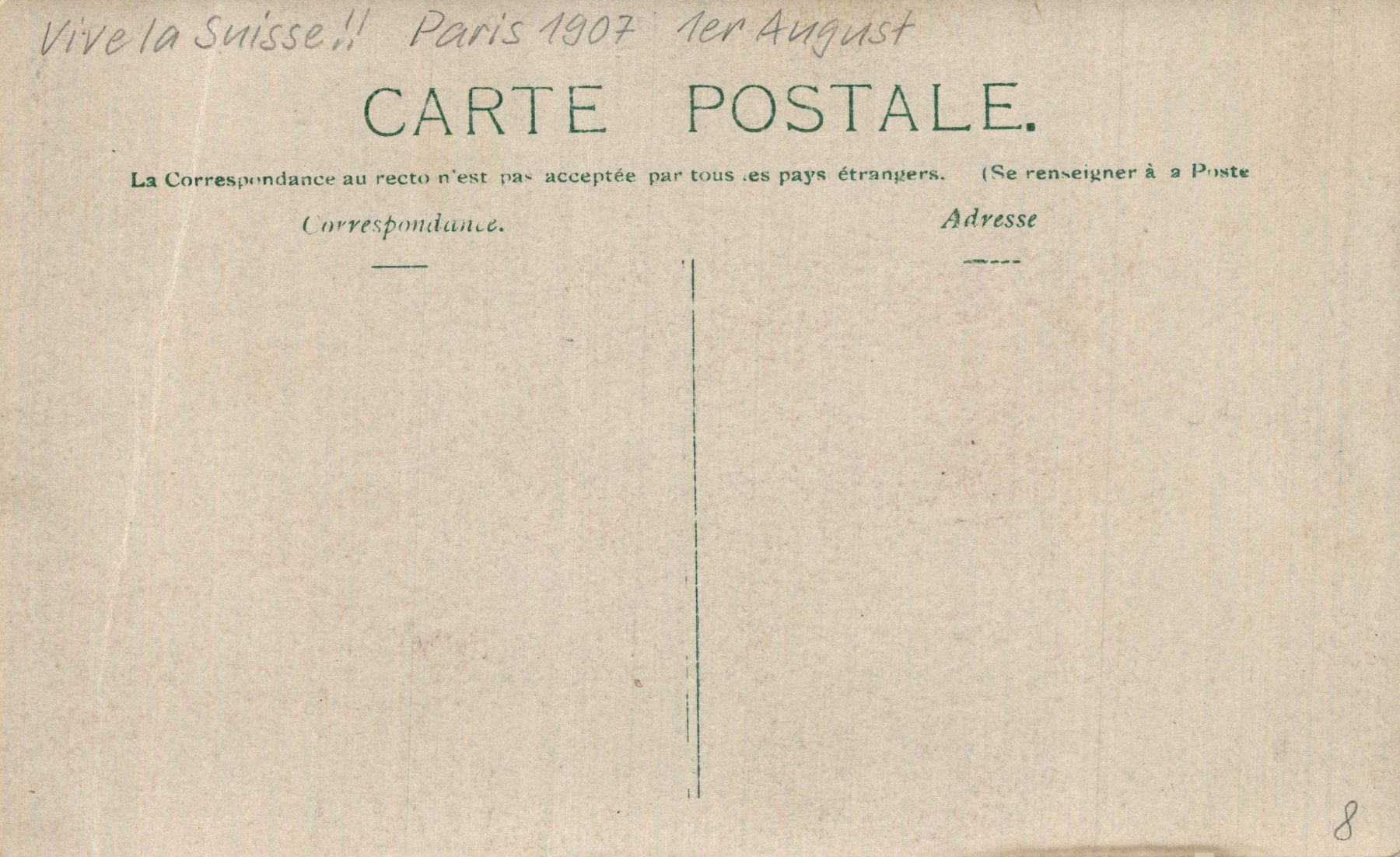 Cartes postales: Paris 1907. "Vive la Suisse, 1er Aout" – D'occasion à Bronschhofen par Astore 1