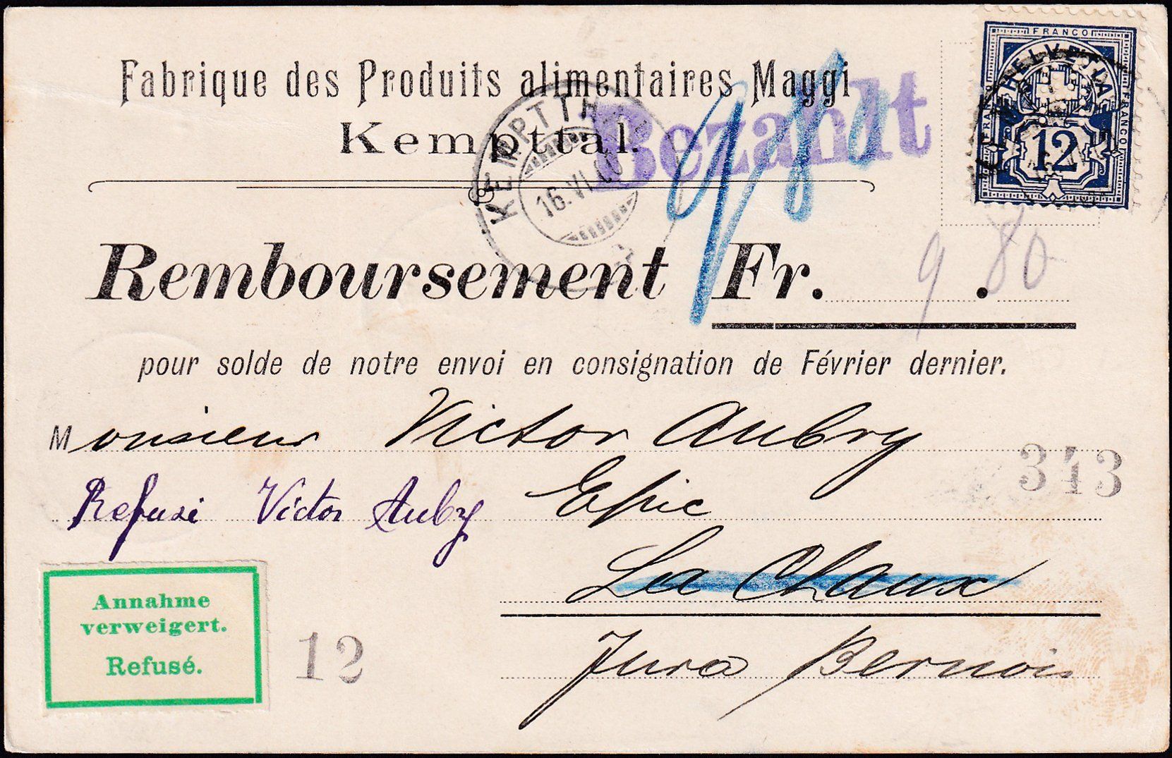 Tutti i francobolli: 1900: Kemptthal, Ziffermuster Nr. 62B, auf Refusé-Beleg – Usato da Aesch BL venduto da toffifee09