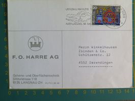 Briefumschlag F.O. Harre AG Langnau am Albis gestempelt