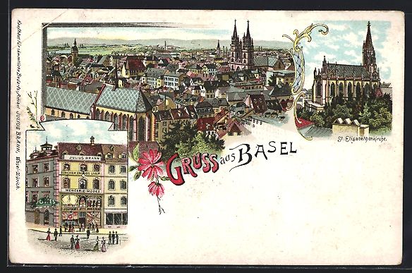 Cartoline postali: Litho Basel, St. Elisabethkirche, Julius – Usato da Berlin venduto da bartko-reher
