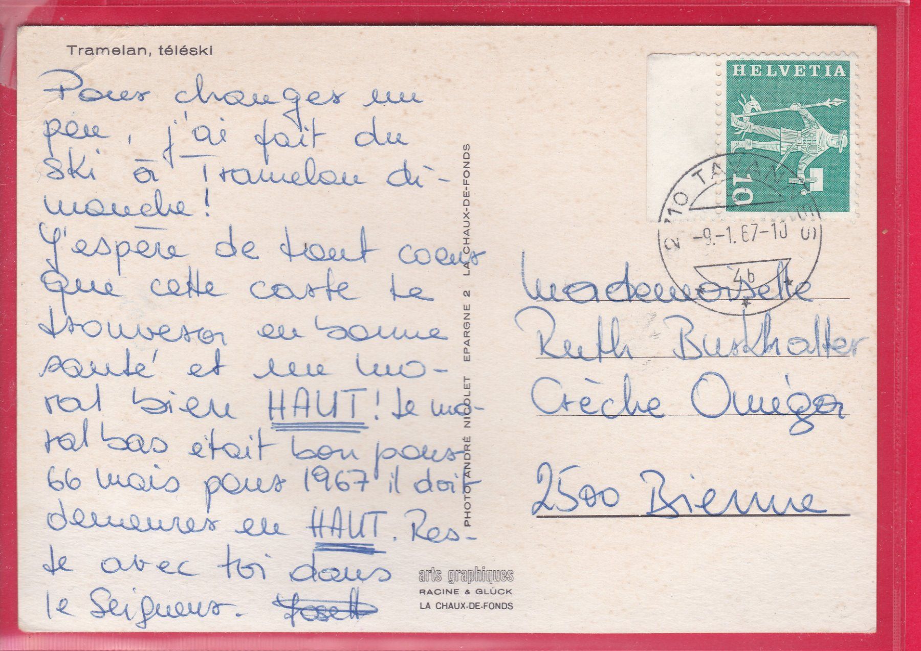 Cartoline postali: TRAMELAN, TÉLÉSKI, 9.1.1967 – Usato da Oberrieden venduto da Gebirgsstelze 1